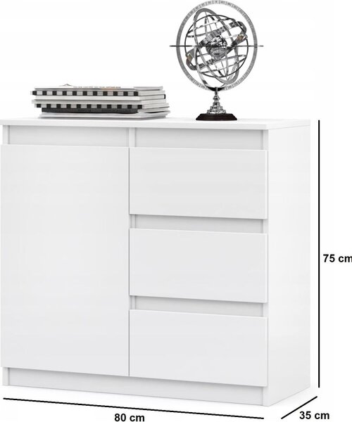 VBChome Komoda se 3 zásuvkami a 1 dvířky 80 x 35 x 75 cm Bílá Komoda bez úchytek Víceúčelová skříňka do předsíně Ložnice Obývací pokoj Dětský pokoj