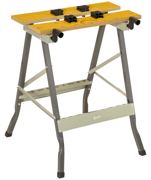 Skládací pracovní stůl DURHAND se 4 svorkami, 100 kg nosnost, ocelová konstrukce, pracovní deska pro dílnu, garáž a staveniště, 62,5x60,5x78,5 cm, šed