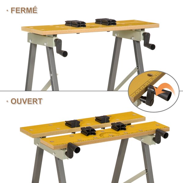 Skládací pracovní stůl DURHAND se 4 svorkami, 100 kg nosnost, ocelová konstrukce, pracovní deska pro dílnu, garáž a staveniště, 62,5x60,5x78,5 cm, šed