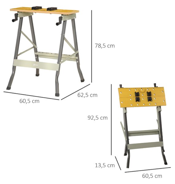 Skládací pracovní stůl DURHAND se 4 svorkami, 100 kg nosnost, ocelová konstrukce, pracovní deska pro dílnu, garáž a staveniště, 62,5x60,5x78,5 cm, šed