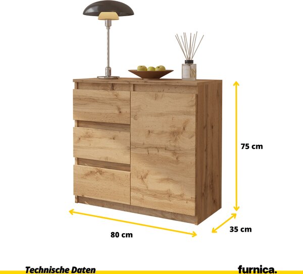 FURNICA - MIKEL - Komoda / příborník se 3 zásuvkami a 1 dvířky - dub Wotan V75cm Š80cm H35cm