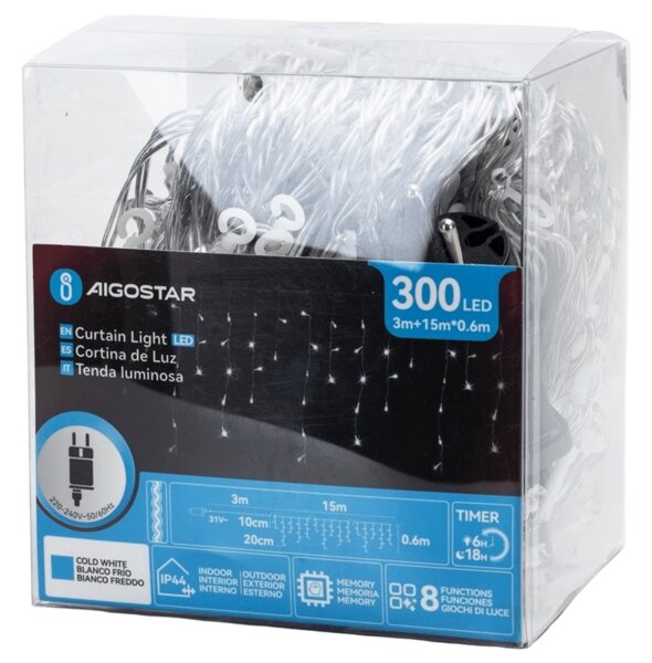Aigostar -LED Venkovní dekorační řetěz 300xLED/6W/230V 15x0,6m IP44 studená bílá