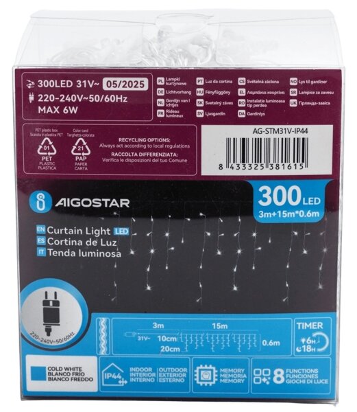 Aigostar -LED Venkovní dekorační řetěz 300xLED/6W/230V 15x0,6m IP44 studená bílá