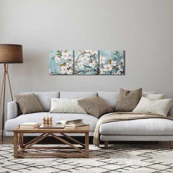 Obraz - Malba, květoucí větve stromu (s hodinami) (90x30 cm)