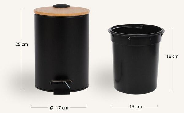 Odpadkový koš do koupelny s bambusem ZETRU, 3 l, černý