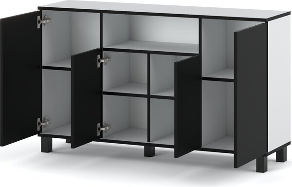 STIV Möbel | Komoda 140x35x80 cm Bílý Mat / Černý Mat | 4 dvířka | 9 polic | Moderní styl do ložnice a obýváku