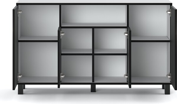 STIV Möbel | Komoda 140x35x80 cm Bílý Mat / Černý Mat | 4 dvířka | 9 polic | Moderní styl do ložnice a obýváku