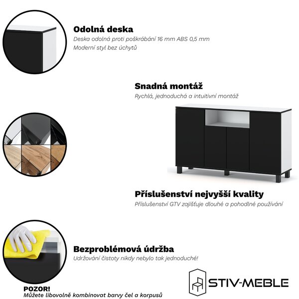 STIV Möbel | Komoda 140x35x80 cm Bílý Mat / Černý Mat | 4 dvířka | 9 polic | Moderní styl do ložnice a obýváku