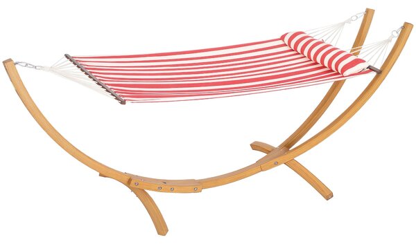 Outsunny Jednolůžková Houpací Síť na Stojanu, Houpací Síť se Dřevěnou Opěrou, Polštář na Hlavu, Bavlněný Lůžko, pro Otevřenou Terasu a Bazén, Červené