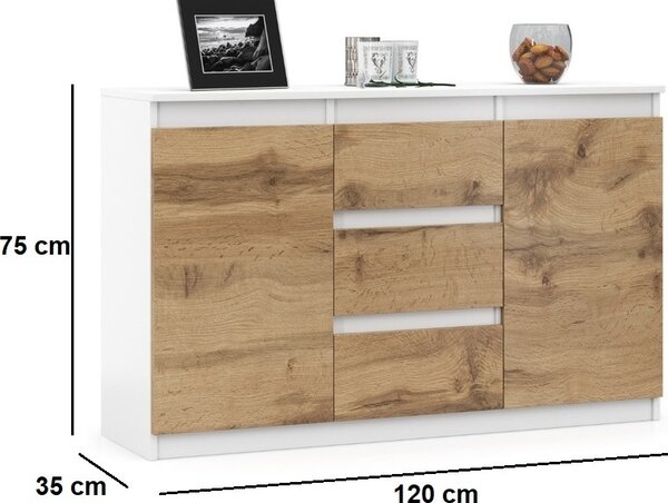 VBChome Komoda 120 x 35 x 75 cm se 3 zásuvkami a 2 dvířky Bílá - Dub Wotan Komoda bez úchytek Víceúčelová skříň do předsíně Ložnice