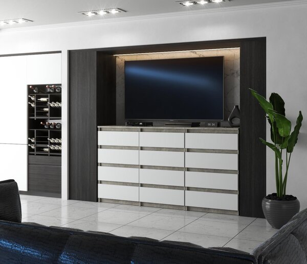 STIV Möbel | Komoda s 12 zásuvkami (8+4) | Beton / Bílý Mat | 180 cm | moderní & bez úchytek | Ložnice & Obývací pokoj