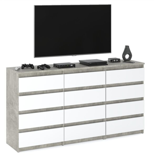 STIV Möbel | Komoda s 12 zásuvkami (8+4) | Beton / Bílý Mat | 180 cm | moderní & bez úchytek | Ložnice & Obývací pokoj