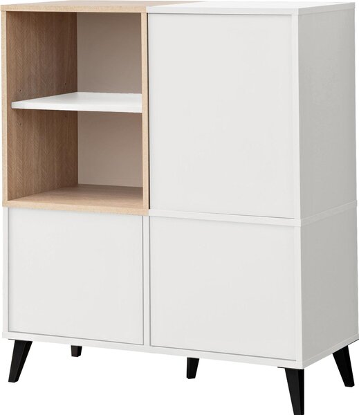 Komoda Fondi - třídveřová skříňka do obývacího pokoje/jídelny, skandinávský styl, barva bílé dřevo, 102x35x90 cm