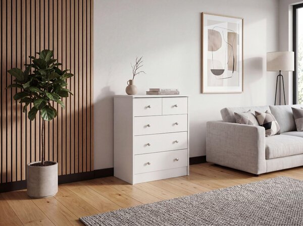 FineBuy Design Dřevěná komoda, bílá, 60 x 70 x 35 cm, s 5 zásuvkami, univerzální nábytek, plochý, do předsíně, moderní příborník, nadčasový příborník