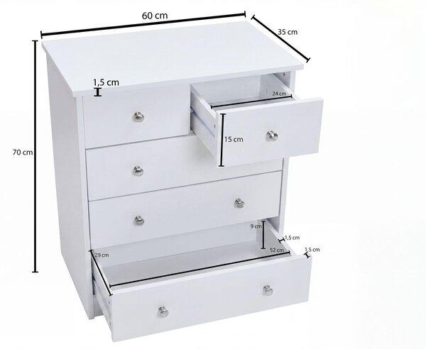 FineBuy Design Dřevěná komoda, bílá, 60 x 70 x 35 cm, s 5 zásuvkami, univerzální nábytek, plochý, do předsíně, moderní příborník, nadčasový příborník