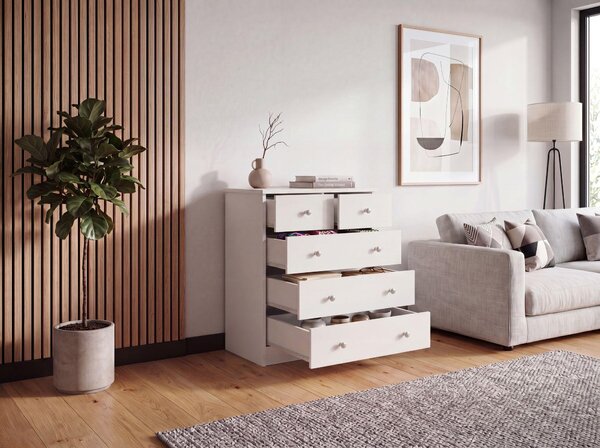 FineBuy Design Dřevěná komoda, bílá, 60 x 70 x 35 cm, s 5 zásuvkami, univerzální nábytek, plochý, do předsíně, moderní příborník, nadčasový příborník