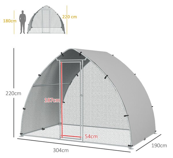 PawHut Velká Kurníková Klientela Pro Kuřata 5.75m² S UV-Ochrannou Střechou, Mřížková Oplocení 3.04D x 1.9Š x 2.2V m, Galvanizovaná Ocel, Zámek Dveře