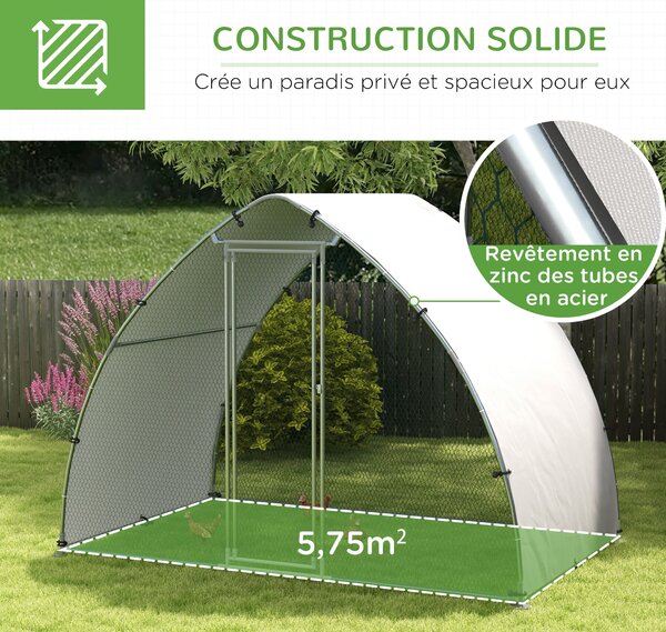 PawHut Velká Kurníková Klientela Pro Kuřata 5.75m² S UV-Ochrannou Střechou, Mřížková Oplocení 3.04D x 1.9Š x 2.2V m, Galvanizovaná Ocel, Zámek Dveře