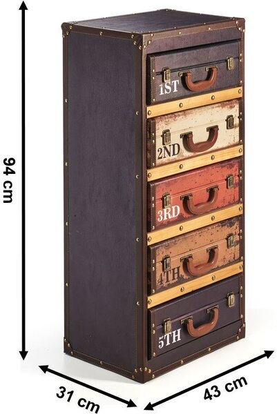 Kobolo regál na kufry Regál RETRO ve vzhledu kufru - barevný - 5 přihrádek - 43x31x94 cm - stojící regál Úložný nábytek Dekorace Regál na knihy Malý nábytek
