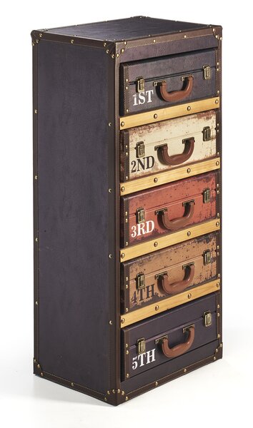 Kobolo regál na kufry Regál RETRO ve vzhledu kufru - barevný - 5 přihrádek - 43x31x94 cm - stojící regál Úložný nábytek Dekorace Regál na knihy Malý nábytek