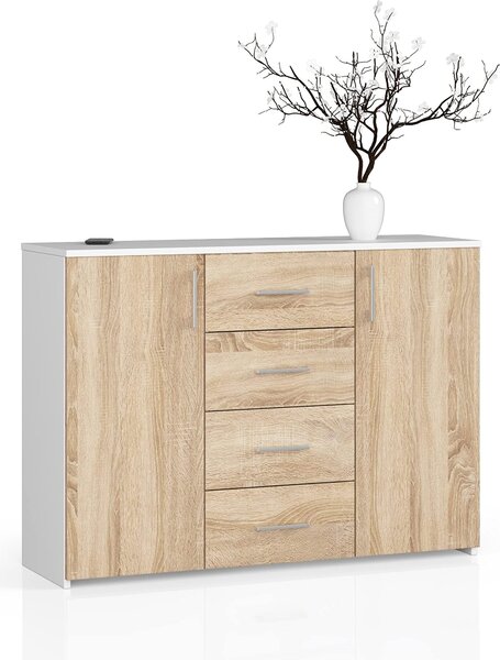 Komoda se 4 zásuvkami a 2 dvířky, 110x80x35, obývací pokoj, bílá / dub Sonoma