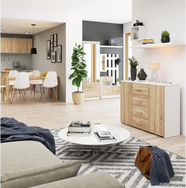 Komoda se 4 zásuvkami a 2 dvířky, 110x80x35, obývací pokoj, bílá / dub Sonoma
