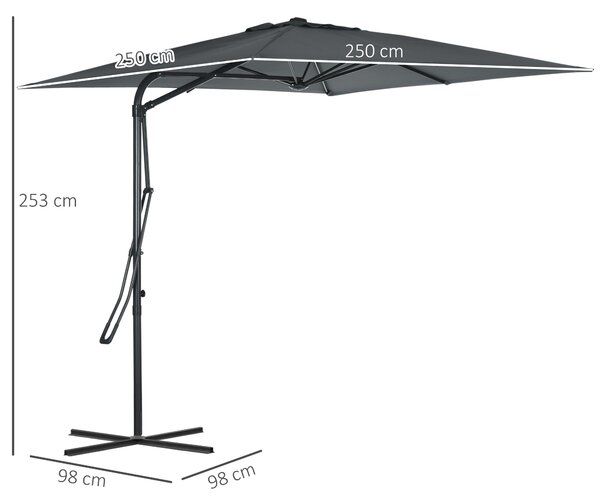 Outsunny Čtvercový Offset Slunečník 2,5 x 2,5 m, venkovní zahradní slunečník s UV ochranou, rychlé a snadné otevírání a zavírání, křížová základna vče