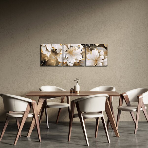 Obraz - Květiny ve zlatě (s hodinami) (90x30 cm)