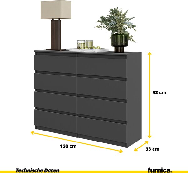 FURNICA - GABRIEL - Komoda / příborník s 8 zásuvkami - antracit V92cm Š120cm D33cm