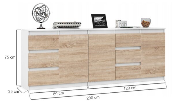 VBChome Dvě komody 80 x 35 x 75 cm a 120 x 35 x 75 cm se 6 zásuvkami a 3 dvířky Bílá - Dub Sonoma Bezúchytková komoda Ložnice