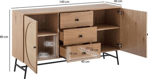 Příborník v dekoru dubu 140 cm komoda se 2 dvířky a 3 zásuvkami v designu vídeňského ratanového proutí