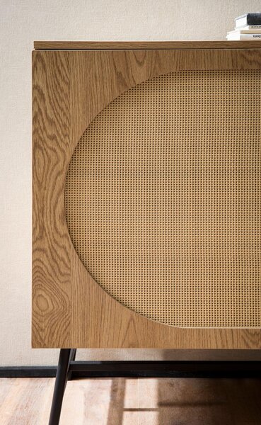Komoda 140x80x40 cm Imitace dub s ratanovým výpletem moderní, vysoká komoda, stojací skříň se 2 dvířky a 3 šuplíky, příborník obývací pokoj | Wohnling