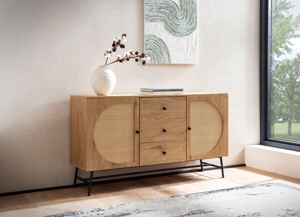 Příborník v dekoru dubu 140 cm komoda se 2 dvířky a 3 zásuvkami v designu vídeňského ratanového proutí