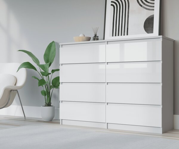 Komoda 8 120 cm - s 8 zásuvkami v bílé matné barvě / bílé ve vysokém lesku / různé barvy a velikosti