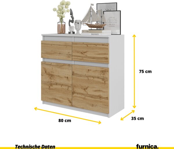 FURNICA - NOAH - Komoda / příborník se 2 zásuvkami a 2 dvířky - bílá matná / dub Wotan V75cm Š80cm H35cm