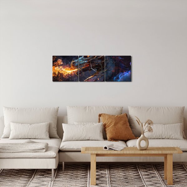 Obraz - Drak plivající plameny (s hodinami) (90x30 cm)