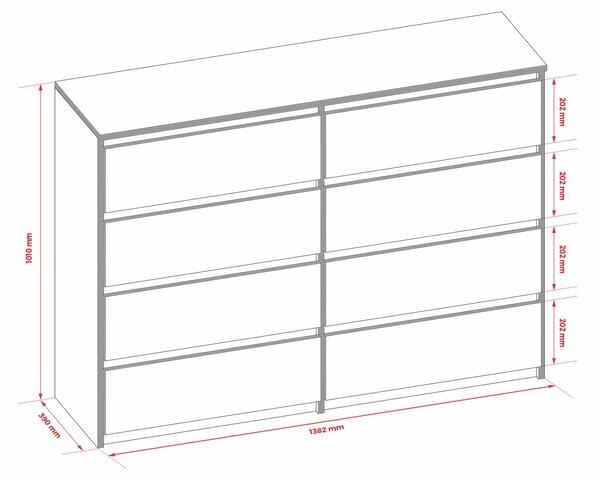 3xobývací komoda DEMII 8 140cm - s 8 zásuvkami v bílé barvě / různé barvy a velikosti