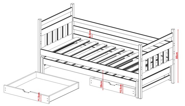 Dětská postel z masivu borovice DAN s přistýlkou a šuplíky - 200x90 cm - bílá