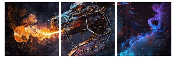 Obraz - Drak plivající plameny (s hodinami) (90x30 cm)