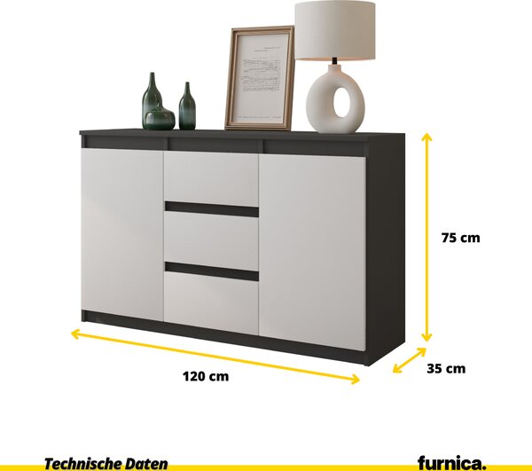 FURNICA - MIKEL - Komoda se 3 zásuvkami a 2 dvířky - antracitově šedá / bílá matná V75cm Š120cm H35cm