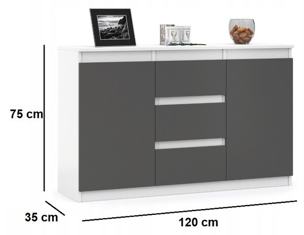VBChome Komoda 120 x 35 x 75 cm se zásuvkami a 2 dvířky Bílá - grafit Bezúchytková komoda Víceúčelová skříňka do předsíně Ložnice