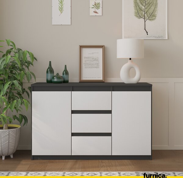 FURNICA - MIKEL - Komoda se 3 zásuvkami a 2 dvířky - antracitově šedá / bílá matná V75cm Š120cm H35cm