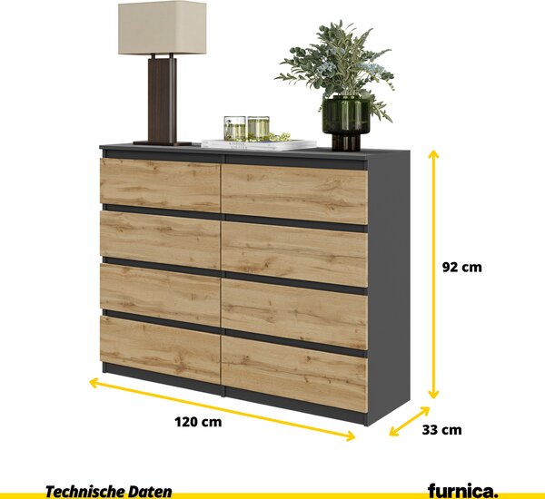 FURNICA - GABRIEL - Komoda / příborník s 8 zásuvkami - antracitově šedá / dub Wotan V92cm Š120cm H33cm