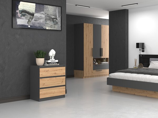 VBChome Komoda se 3 zásuvkami 70 x 40 x 77 cm Dub Artisan - antracit Bezúchytková komoda Víceúčelová skříň do předsíně Ložnice Obývací pokoj Dětský pokoj Moderní dub Artisan - antracit