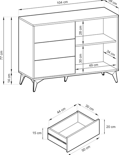 Jasper KSZ104 komoda, barva dub evoke, černá, šířka 104 cm, výška 77 cm, hloubka 39 cm