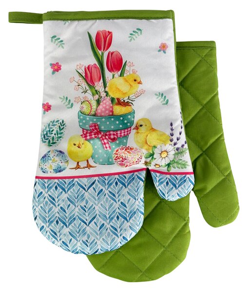 Sada 2 kuchyňských chňapek s magnetem EASTER CHICKS, bílo-zelená
