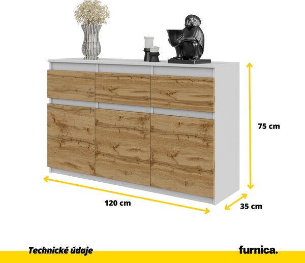 FURNICA - NOAH - Komoda / příborník se 3 zásuvkami a 3 dvířky - bílý mat / dub Wotan V75cm Š120cm H35cm