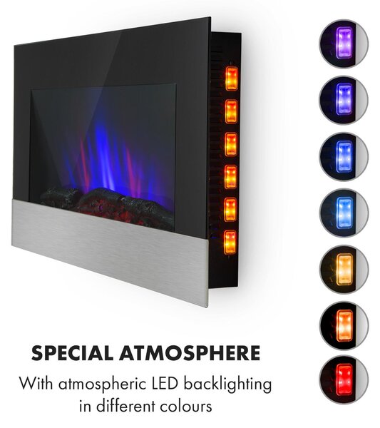 Klarstein Basel Elektrický krb - ventilátorový ohřívač s výkonem 1000 nebo 2000 W, 2 stupně ohřevu, LED iluze plamene v 7 barvách, termostat, montáž na stojan nebo na stěnu, týdenní časovač, černá
