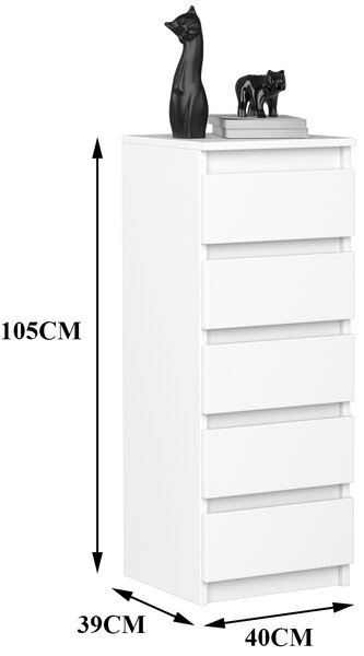 VBChome Komoda s 5 zásuvkami 40 x 39 x 105 cm Bílá Komoda bez úchytek Víceúčelová skříňka do předsíně Ložnice Obývací pokoj Dětský pokoj