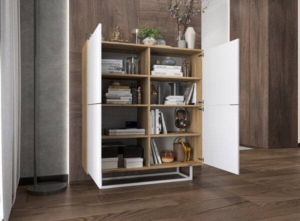 Komoda RTV ve stylu loft Dub Wotan Apollo 4D - Moderní - Nábytek Lindner - 113 cm x 35 cm x 127 cm, Barva: dub Wotan matný - Bílý matný